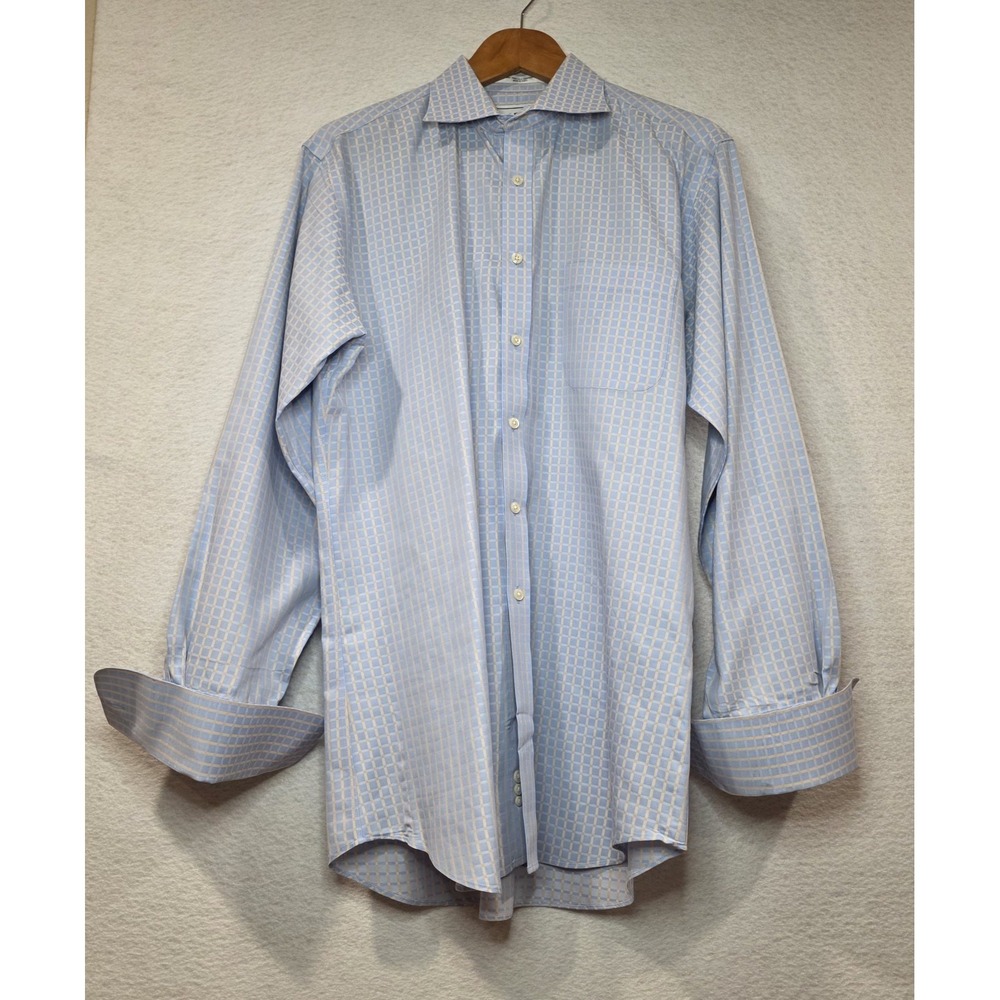 Paul Fredrick 16-34 Slim Fit DressShirt Blue Ivory Plaid Long Sleeve FrenchCuff